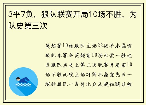 3平7负,狼队联赛开局10场不胜,为队史第三次